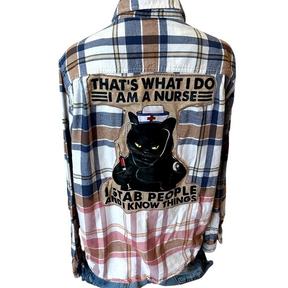Sarcastic Cat Plaid Flannel Shirt Shacket LARGE Nurse Gift Oversize Unique Funny - Picture 1 of 6